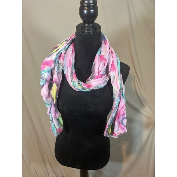 Unbranded Accessories - Pink Abstract Feather Print Lightweight Gauze Scarf Rectangular Wrap Multi Color